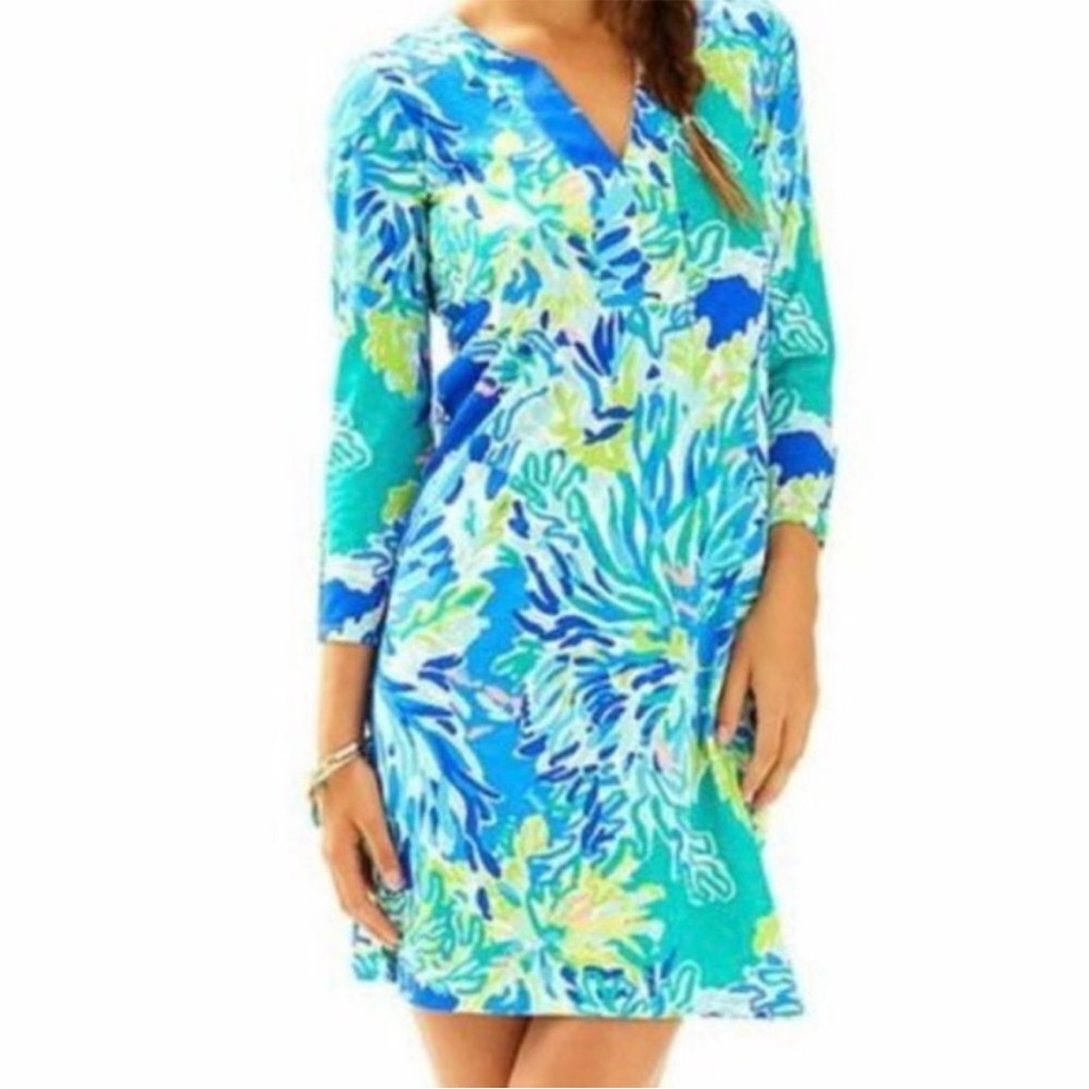 Lilly Pulitzer Riva Dress in Wade and Sea Brilliant Blue Print Pima Cotton